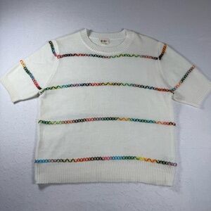 Bibi Women’s XL White Short Sleeve Sweater w/ Multi‑Color Stitching